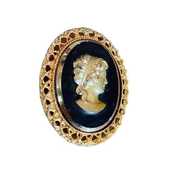 Oval Goldtone Black Cameo Brooch or Necklace Pendant 2" - Picture 4 of 8
